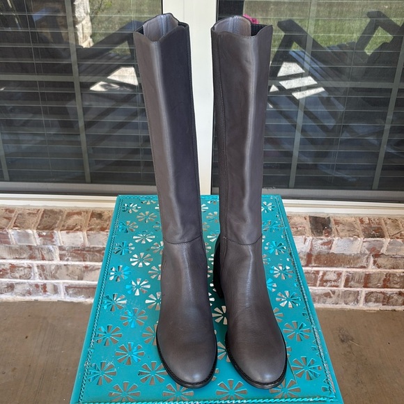 Eileen Fisher Destry Tall Stretch Insert Gray Leather Knee Boots - Picture 2 of 9
